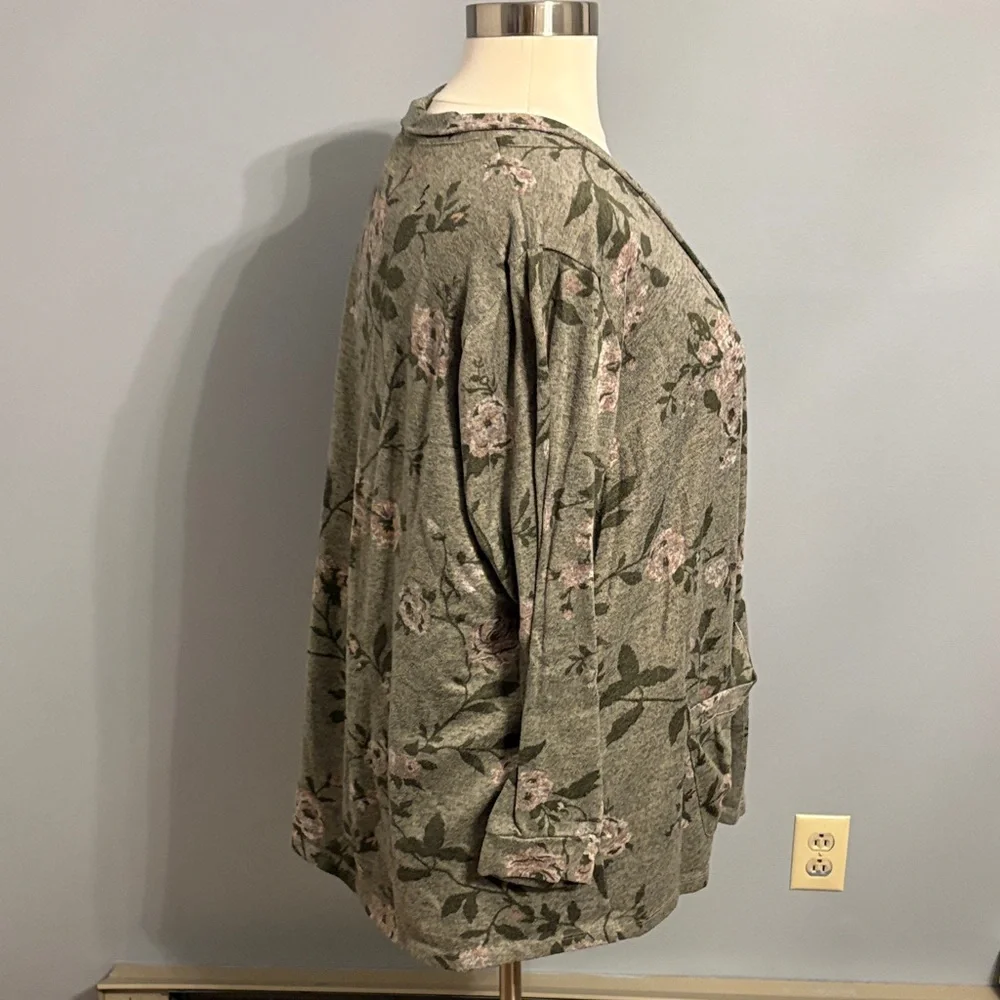 Lane Bryant Olive Green Floral Open-Front Cardigan with Pink Accents - Picture 3 of 4